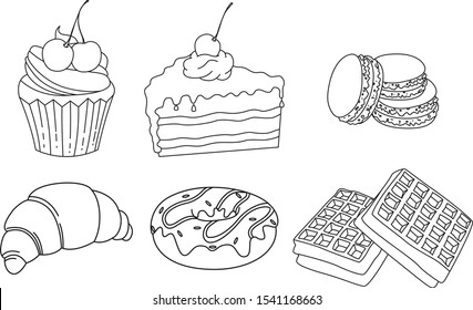 Vector illustration of sweeties in outlines. Cake, macaroons, croissant, donuts, waffles. Tasty illustration. Coloring page. Illustration for coloring book. 