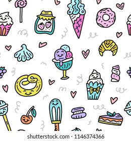 Vector illustration with sweeties and pastries. Colorful dessert pattern. Cartoon design for different backgrounds. 