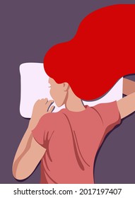 vector illustration of a sweetly sleeping girl with hair scattered on a pillow in pastel colors. useful for advertising bed linen, mattresses, blankets, pillows, relaxation products, sleeping pills