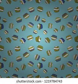Vector illustration. Sweets background design. Cute birthday background on blue, green and white. Wrapping paper. Cupcake seamless pattern.