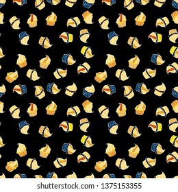 Vector illustration. Sweets background design. Cupcakes seamless pattern with watercolor on white, black and yellow background. Hand drawn doodle illustration with pastry.