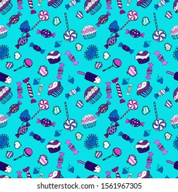 Vector illustration. Sweets background design. Seamless pattern with sweet Cupcakes pattern. Nice birthday background on white, black and blue.