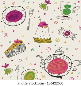 Vector illustration of sweets. Background made of candies, cakes and tea things.