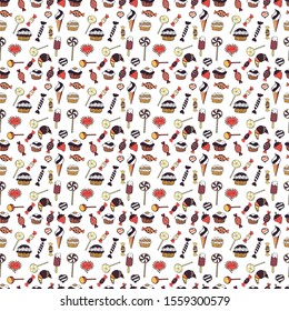Vector illustration. Sweets and candles, line drawings. Seamless. Candy store.