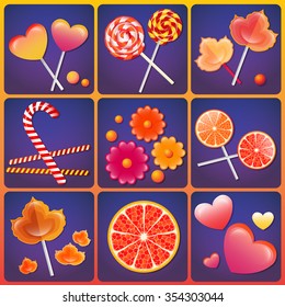 Vector illustration with  sweets. Candys glow motley background.