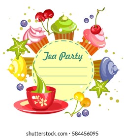 Vector illustration of sweets cupcakes with fresh berries cherry cannons around the circular blank forms for menu prompts with a cup of green tea on a white background.