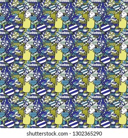 Vector illustration. Sweets design. Hand drawn outlined colorful seamless pattern with cupcakes, cute background on blue, black and white.