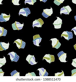 Vector illustration. Sweets design. Hand drawn outlined colorful seamless pattern with cupcakes, cute background on gray, white and black.