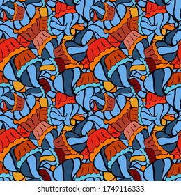 Vector illustration. Sweets design. Hand drawn outlined colorful seamless pattern with cupcakes, cute background on blue, black and orange.