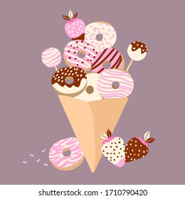 Vector illustration of sweets. Donuts, strawberries and cake pops in a paper bag. Strawberry, chocolate and vanilla tastes. Sweets illustration. Dessert. Cartoon style.