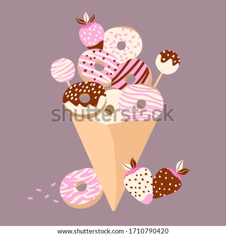 Vector illustration of sweets. Donuts, strawberries and cake pops in a paper bag. Strawberry, chocolate and vanilla tastes. Sweets illustration. Dessert. Cartoon style.