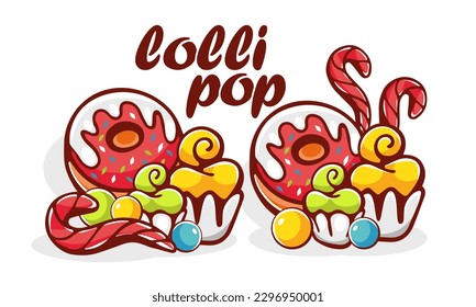 Vector illustration of sweets, lollipops, donuts and lollipop lettering in cartoon style.