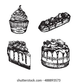 Vector illustration of sweets  made in hand drawn sketch style. Eclair, cake, cupcake, cheesecake.  Template for business card banner and  poster.