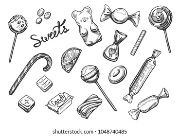 Vector illustration of sweets set. Chocolate candies, lollipops, marshmallow, lozenges, marmalade, dragee, drops. Vintage hand drawn engraving style.