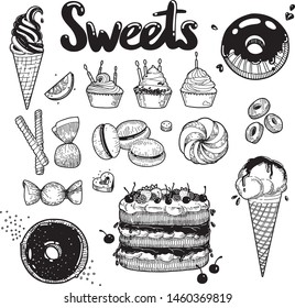 Vector illustration of sweets set. Vintage hand drawn style. 