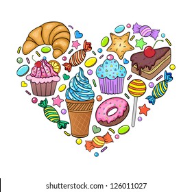 Vector illustration of sweets in the shape of heart isolated on a white background