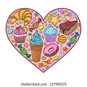 Vector illustration of sweets in the shape of heart isolated on a white background