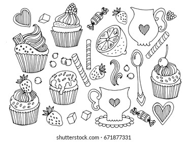 vector illustration, sweets with tea, cupcakes and cakes