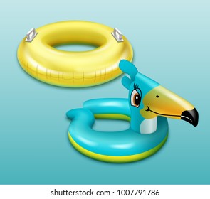 Vector illustration of swim rings for children with handles and with bird head. Isolated on gradient background