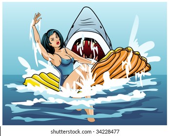 vector illustration of a swimmer being attacked by a shark..shark teeth contained in clipping mask