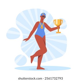 A vector illustration of a swimmer in a blue swimsuit holding a gold trophy and wearing a medal. Concept of victory, achievement, sportsmanship, and athletic success.