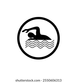 Ilustración vectorial de un logotipo de nadador en un círculo, que representa la señalización de deportes acuáticos o piscinas. Perfecto para el logotipo del equipo de natación o la ilustración de fitness.