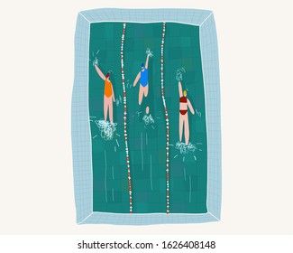 vector illustration of swimmers in the pool, swimming competition in a sports club, gym. Outdoor pool, free swimming, illustration stylized for advertising