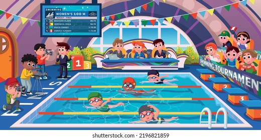Vector illustration of swimming competition, crowd cheering and lots of reporters