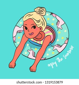 Vector Illustration Of A Swimming Girl With An Inner Tube Decorated With Unicorns And Stars. Hand Drawn Greeting Card Concept.