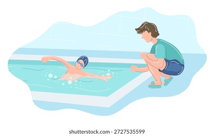 Vector illustration of swimming in a pool. Child training, swimming lessons. Individual lessons for children in the pool. Trainer, personal training.