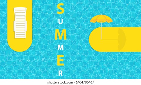 Vector illustration of swimming pool design with beach lounger and parasol.Summer concept design
