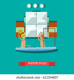 Vector illustration of swimming pool interior and young men playing water game. Water polo concept design element in flat style.