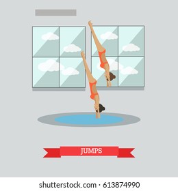 Vector illustration of swimming pool interior and sportswomen jumping into water. Diving, springboard or platform diving concept design element in flat style.