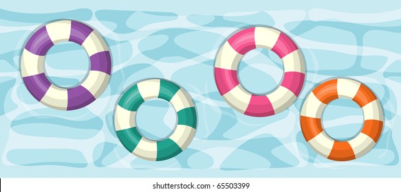 Vector illustration of  swimming pool with many pool ring float.