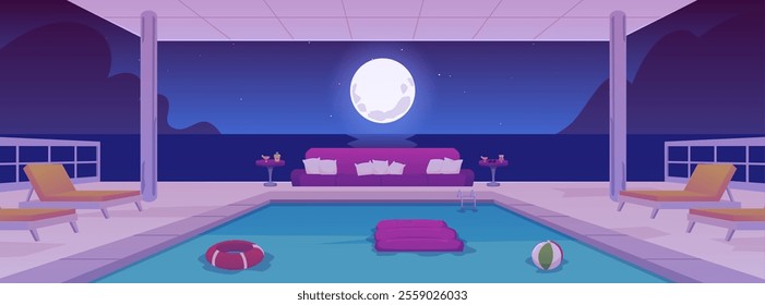 Vector illustration of a swimming pool at night under a blue sky in the moonlight. A hotel with a sofa, an air mattress, sun loungers and drinks on a table