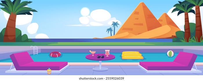 Vector illustration with a swimming pool on background of the sea, pyramids and palm trees. A hotel with an air mattress, sun loungers and drinks for relaxation.