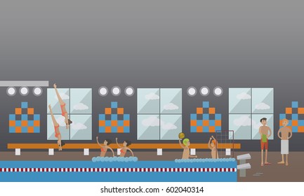 Vector illustration of swimming pool and people male and female doing water sports. Diving, synchronized swimming, water polo concept design elements in flat style.
