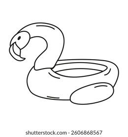 Vector illustration of a swimming ring in doodle style. Inflatable flamingo. Beach holiday concept. Logo or icon of an inflatable ring