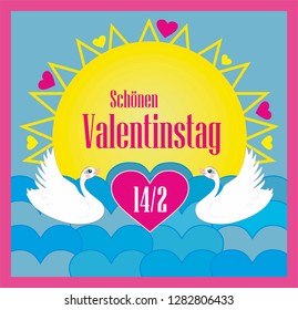 Vector illustration with swimming Swans, text in German (Germany) meaning Beautiful Valentines day 