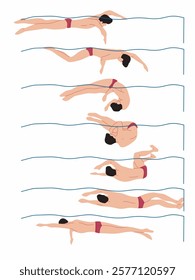 Vector illustration of swimming tutorial,man and girl doing swim,how do swim,swimming step for education,poster,learning,school and more