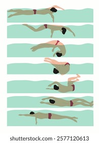 Vector illustration of swimming tutorial,man and girl doing swim,how do swim,swimming step for education,poster,learning,school and more