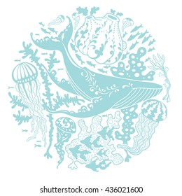 Vector illustration with swimming whale surrounded by variety of sea creations