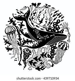 Vector illustration with swimming whale surrounded by variety of sea creations