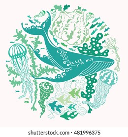 Vector illustration with swimming whale surrounded by variety of sea creations