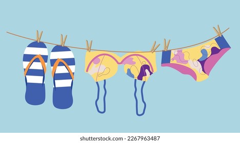 Ilustración vectorial con un traje de baño y sandalias colgadas en un tendedero. Viajes de verano, vacaciones, vacaciones