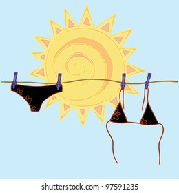 Vector illustration, swimsuit, holiday time, sunny day, card concept.