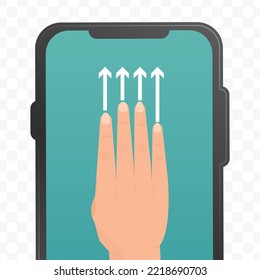 Vector illustration of swipe up smartphone screen with four fingers icon sign and symbol. Simple design on transparent background (PNG).