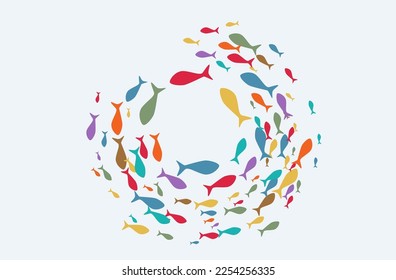 Vector illustration of swirl of fishes underwater