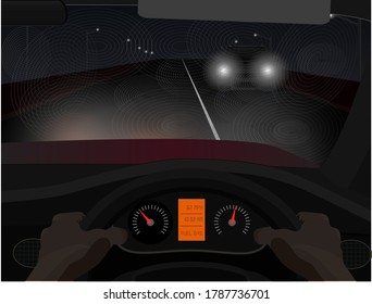 Vector illustration of swirl marks on windshield leading to poor visibility at night