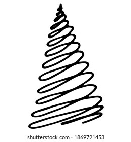 Vektorgrafik. Schwirbelter Weihnachtsbaum einzeln auf Weiß. Urlaub С Weihnachten und Neujahr Dekoration Design Element. Handgezeichnete Tannenkopfklemme. Für Collage, Karte, Poster, Banner, Geschenkverpackung